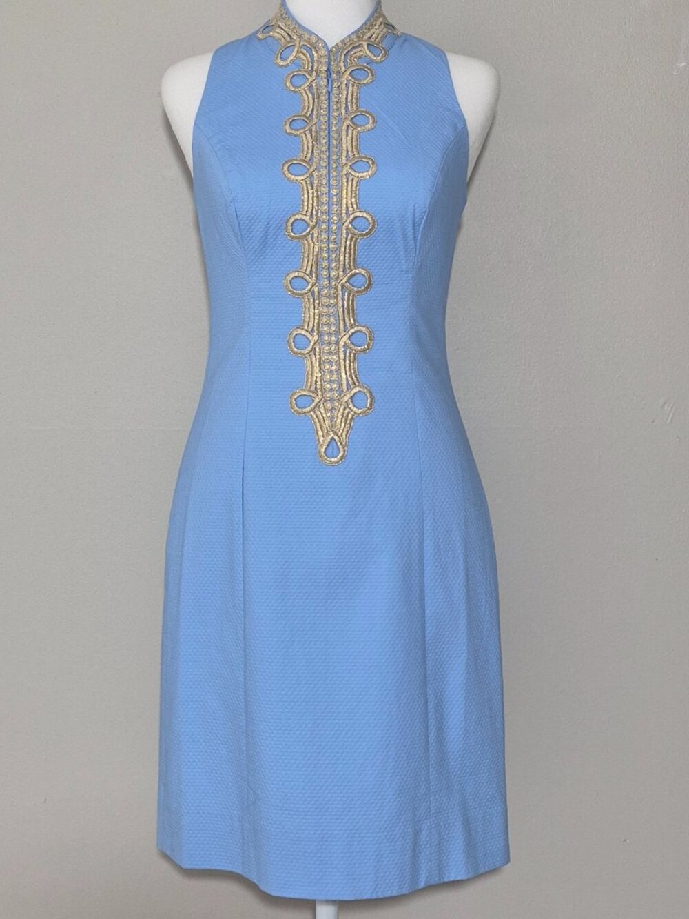 Lilly Pulitzer Blue Textured Sleeveless Dress with Gold Embroidery Size 00 - Picture 2 of 13
